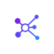 A blue and purple icon of a molecule on a white background.