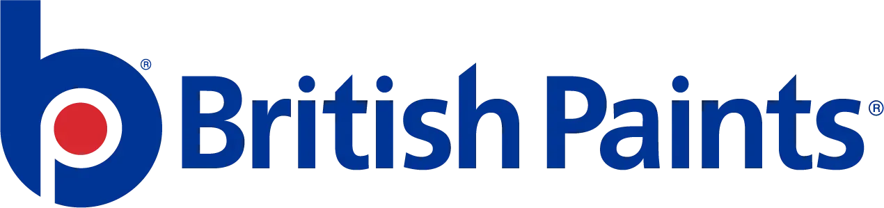 The logo for british paints is blue and red
