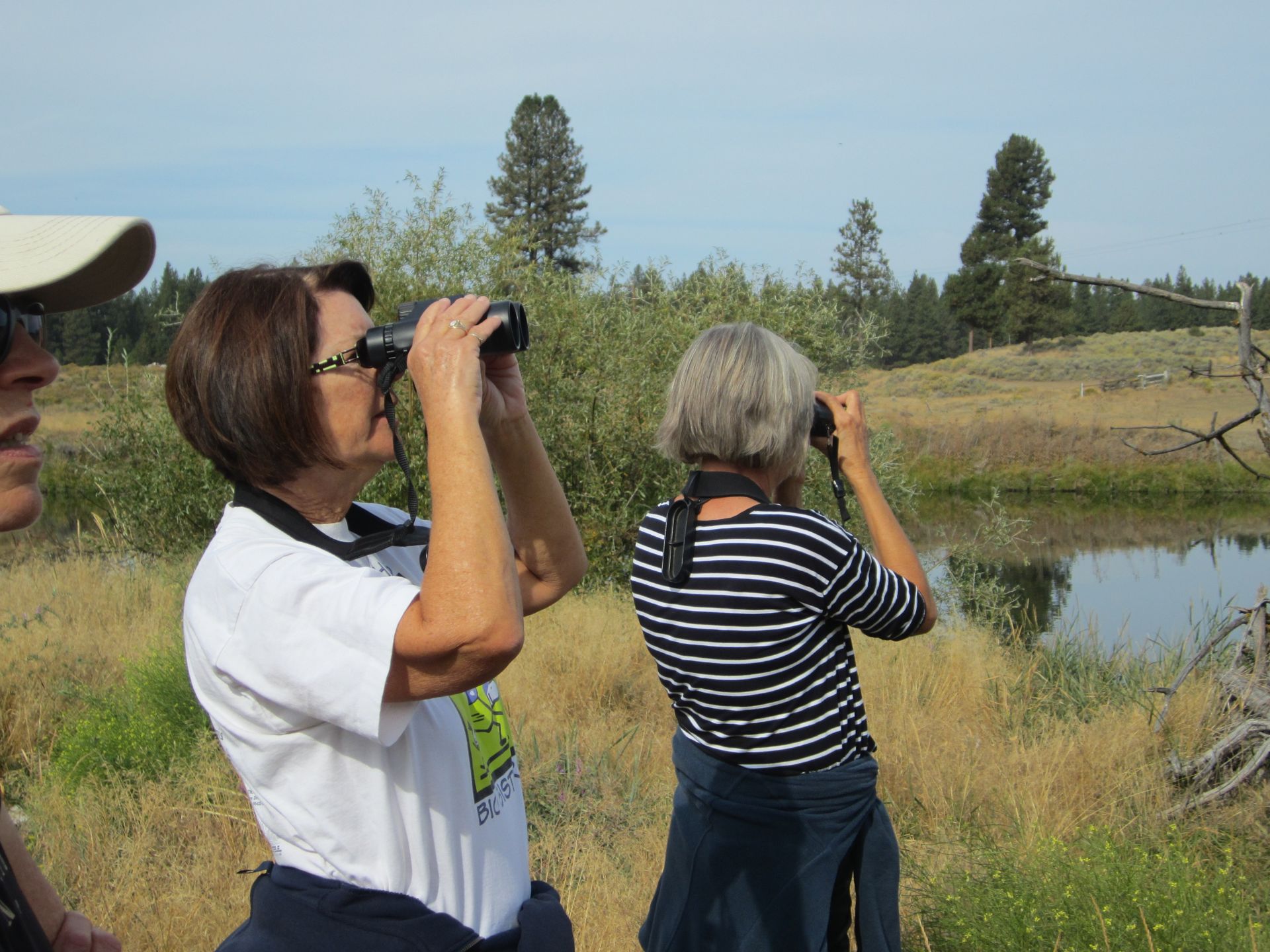 Two women are looking through binoculars at a body of water