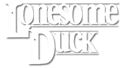 A white logo for lonesome duck on a white background.