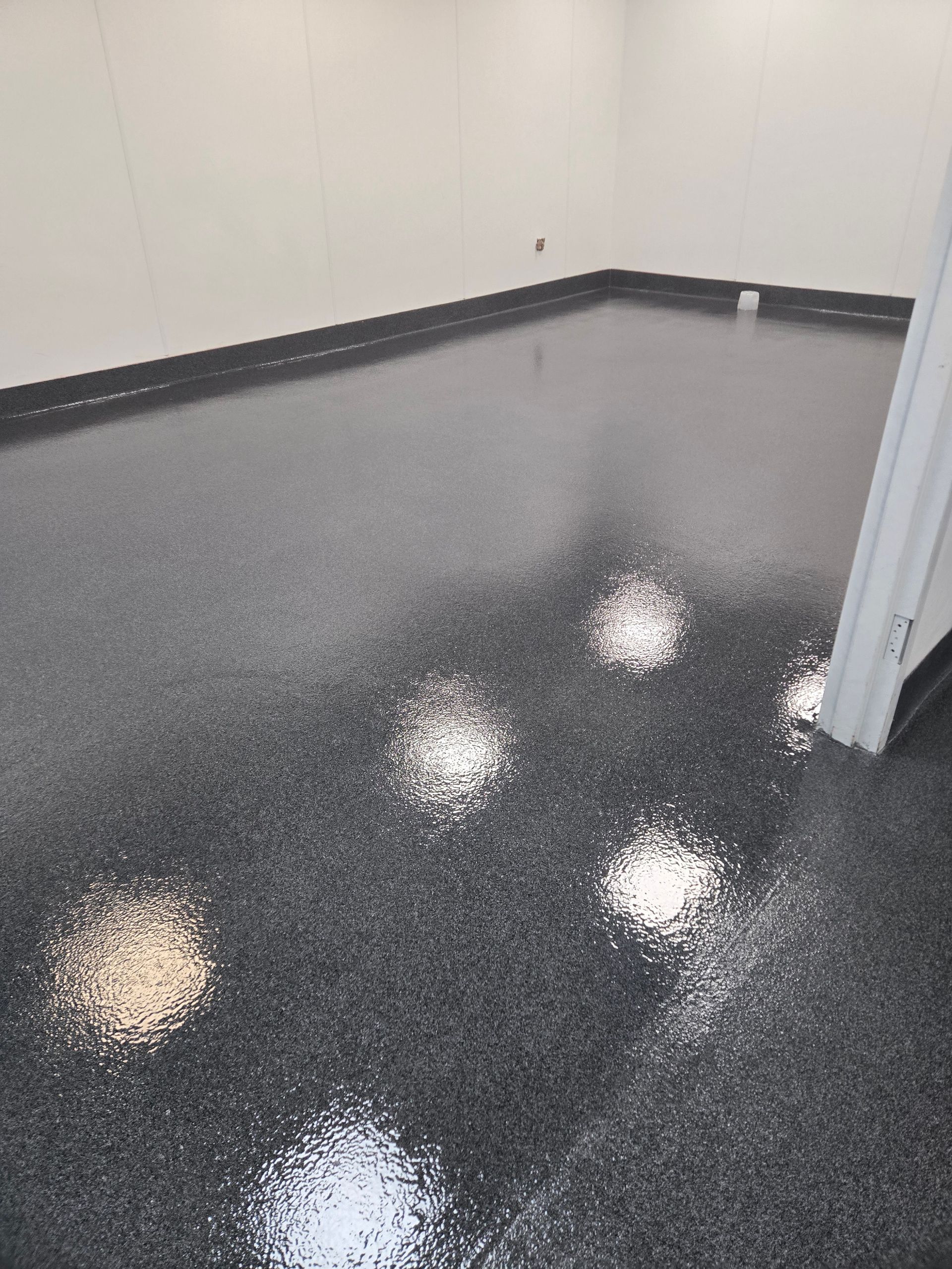 Room with a shiny dark speckled epoxy floor, white walls, and a door frame.