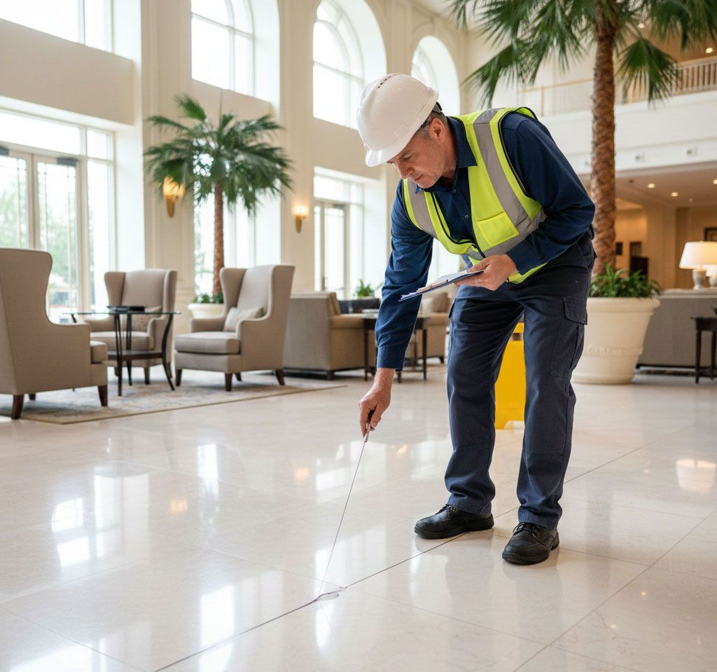 Person in hard hat and safety vest measuring floor with a tape measure in a hotel lobby.