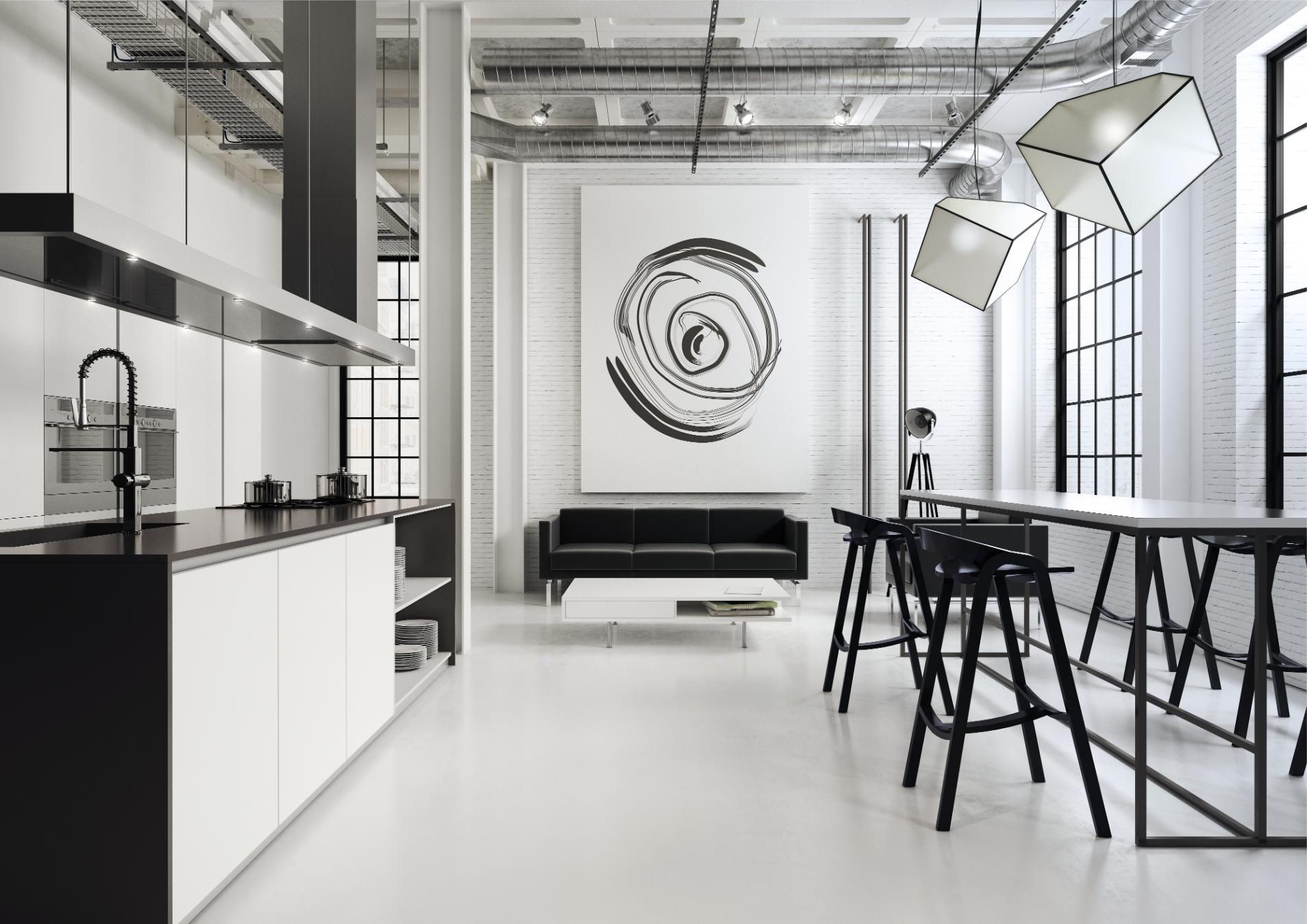 Modern black and white kitchen and dining area with large artwork and open windows.