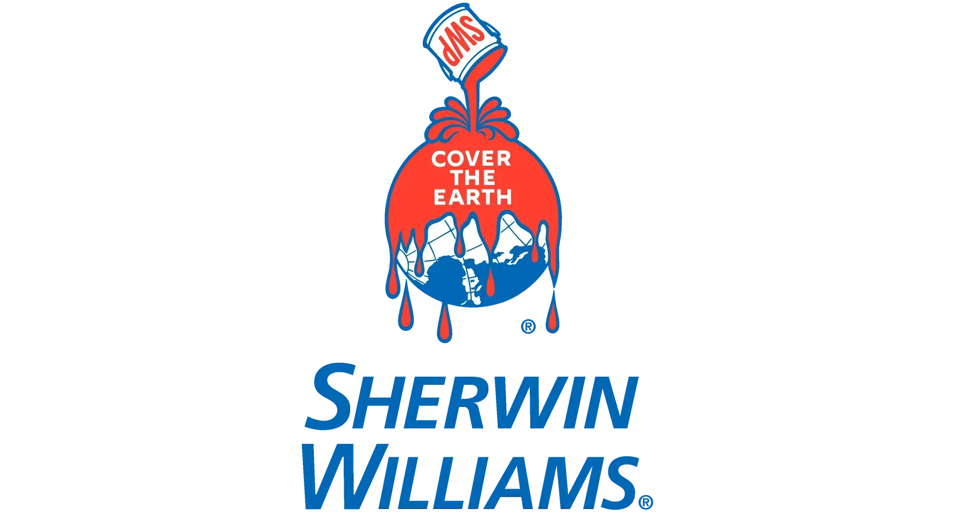 Sherwin-Williams logo with paint can and brush, red and blue globe design, “Cover the Earth” slogan