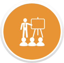 Instructor giving presentation to an audience. Orange circle icon.