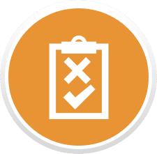 Orange circle with a white clipboard showing a check mark and an X.