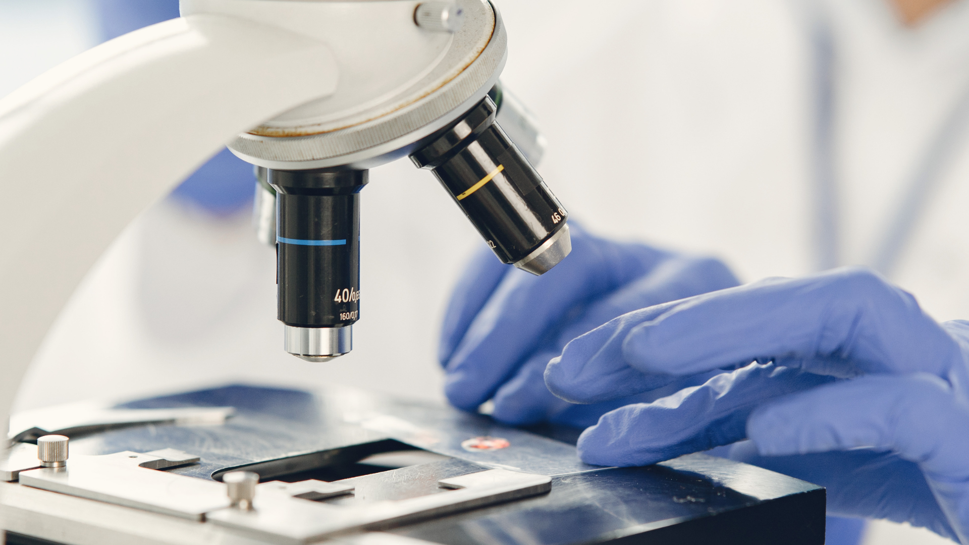 Person in blue gloves using a microscope in a lab setting.