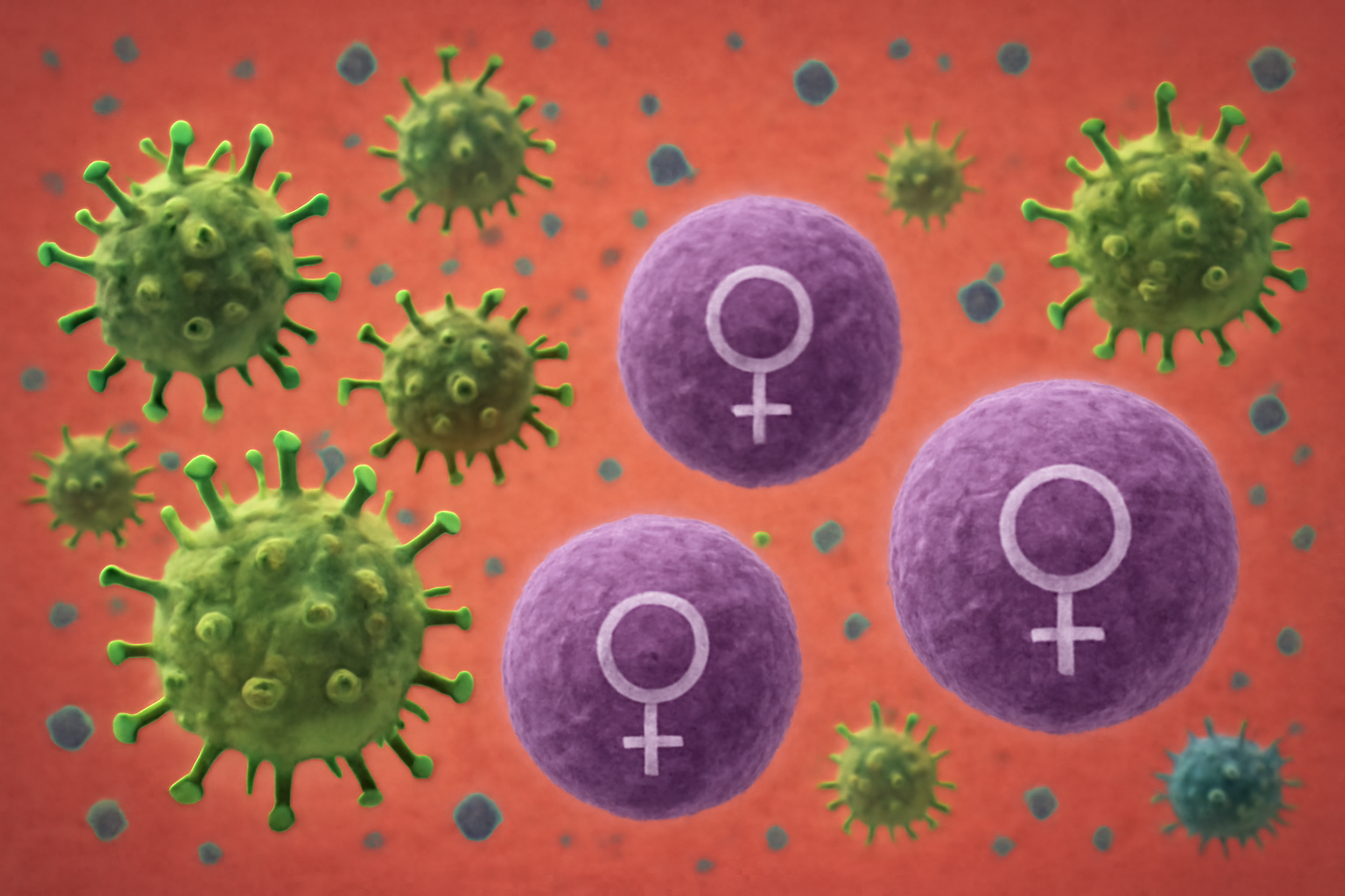 A group of viruses with female symbols on them are floating on a red background.