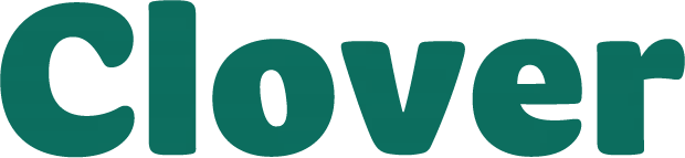 The word clover is written in green letters on a white background.