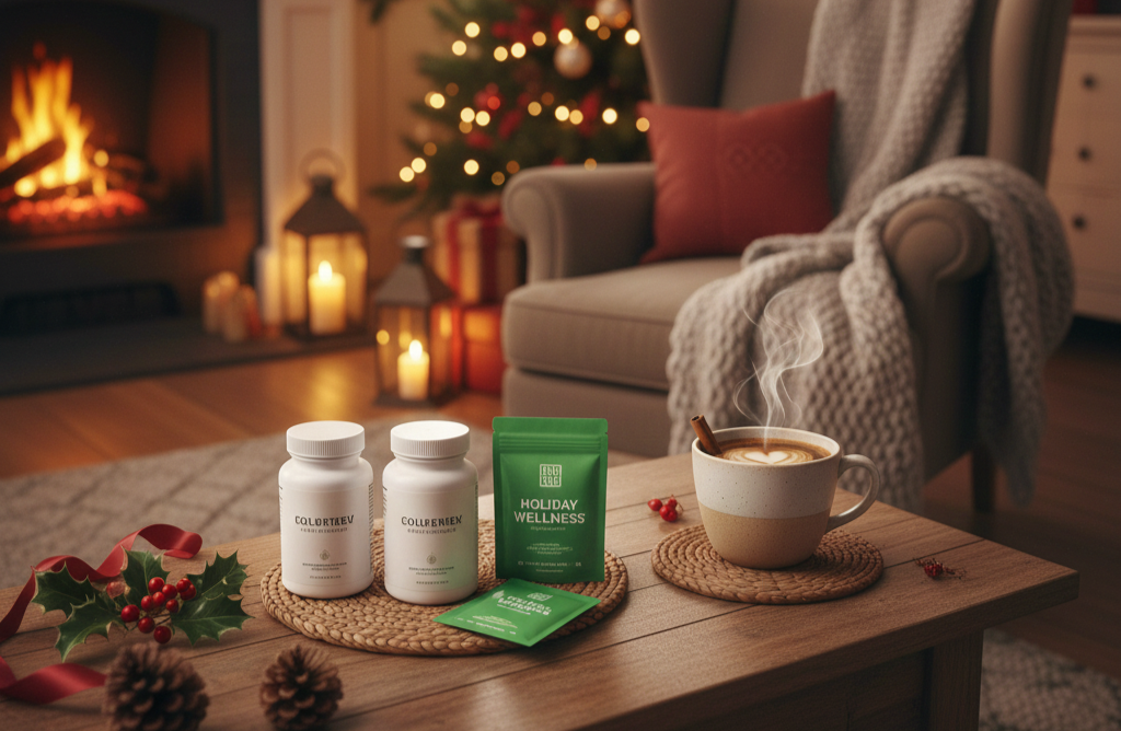 Christmas scene with supplements and warm drink on a coffee table, fireplace and decorated tree in background.