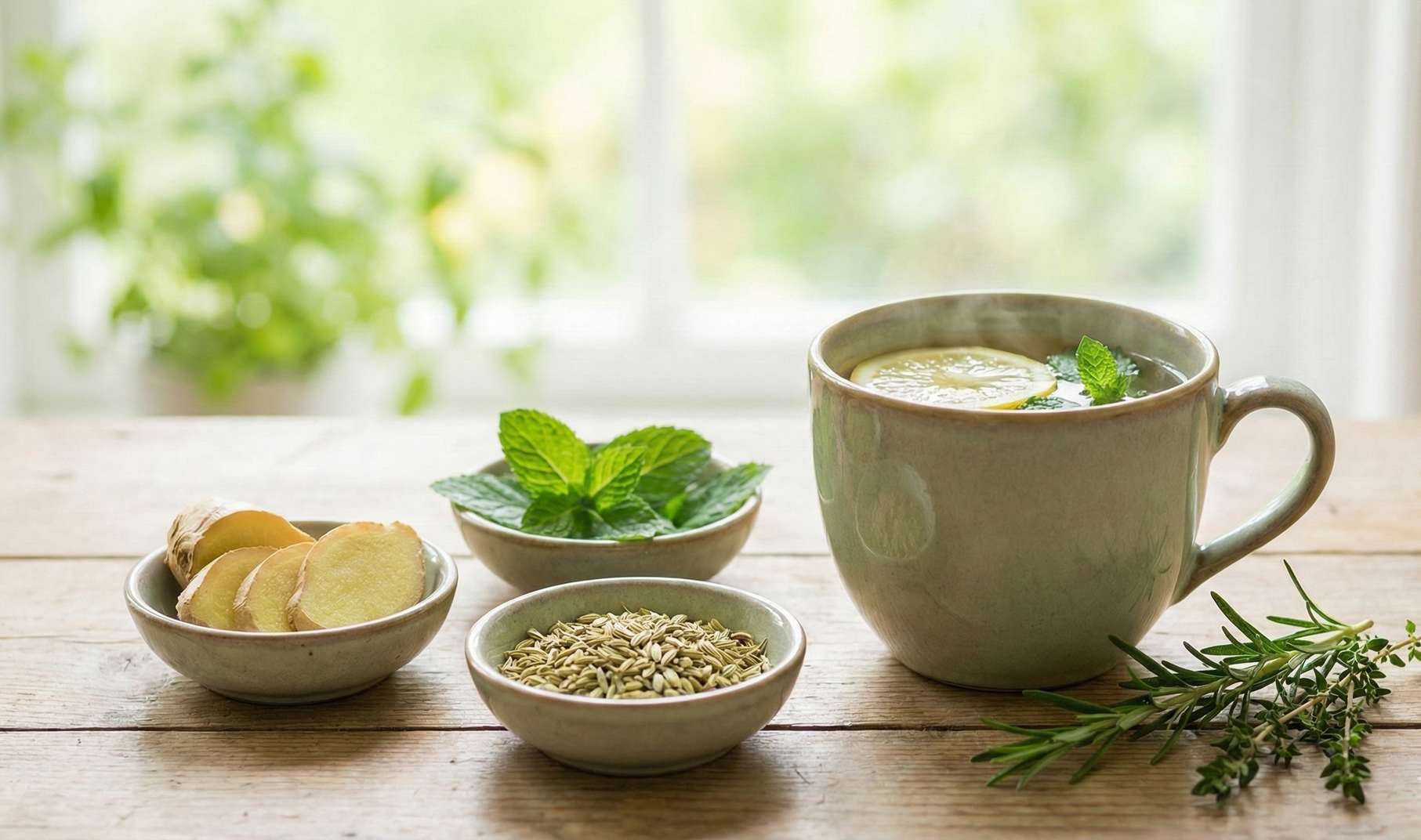 Wooden table with turmeric, ginger, mint, cinnamon sticks, and a steaming cup of tea with lemon.