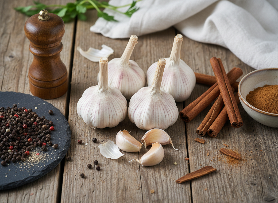 Garlic bulbs, cloves, peppercorns, cinnamon sticks, and spice in a bowl on a wooden table.