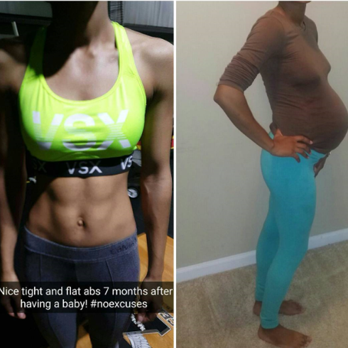 A woman in a yellow sports bra says nice tight and flat abs 7 months after having a baby
