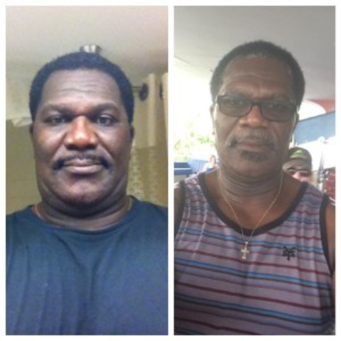 Two pictures of a man wearing glasses and a striped shirt