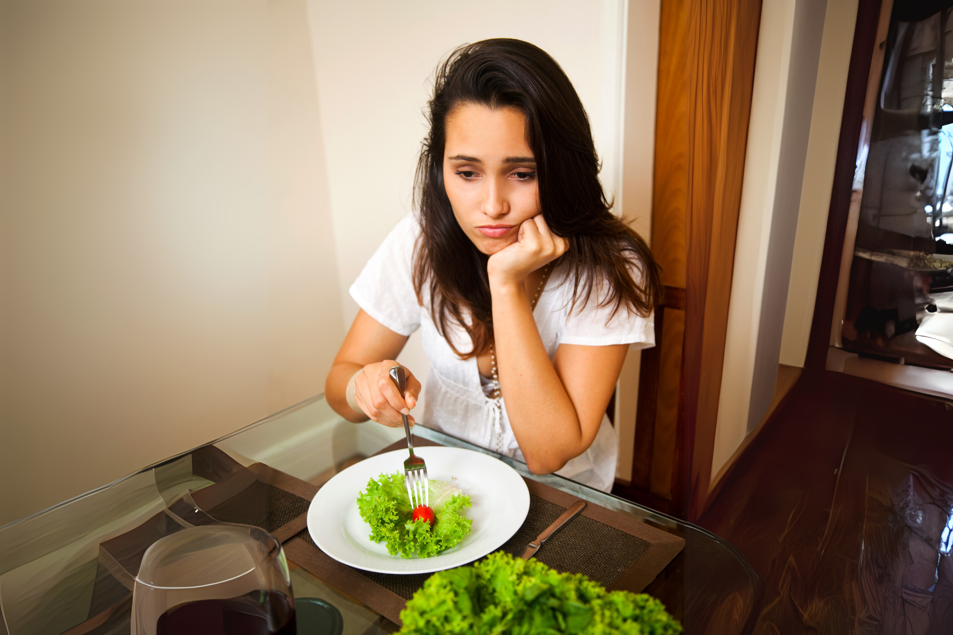 A woman is sitting at a table eating a salad with a fork.