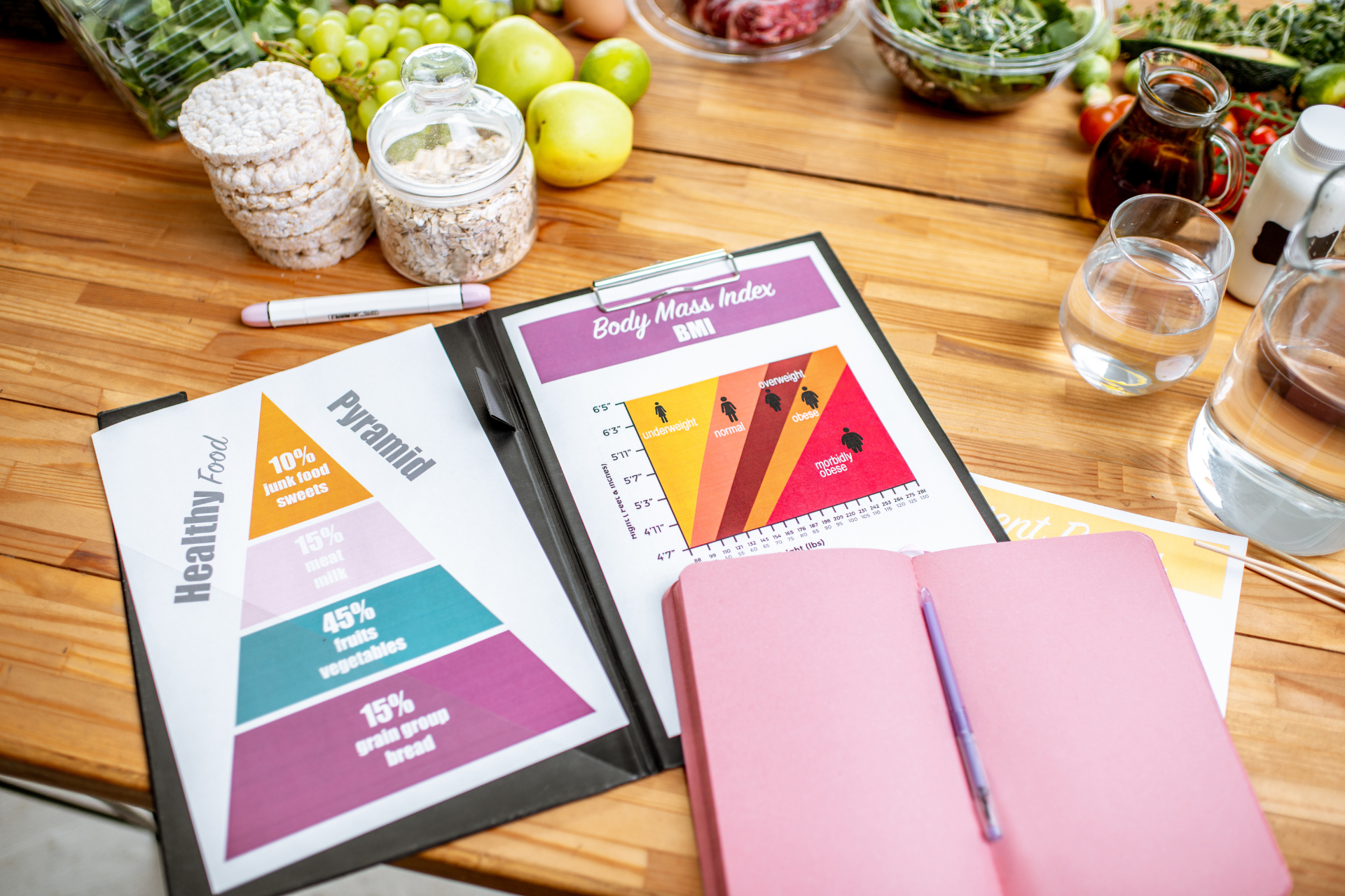 A healthy food pyramid is sitting on a wooden table.