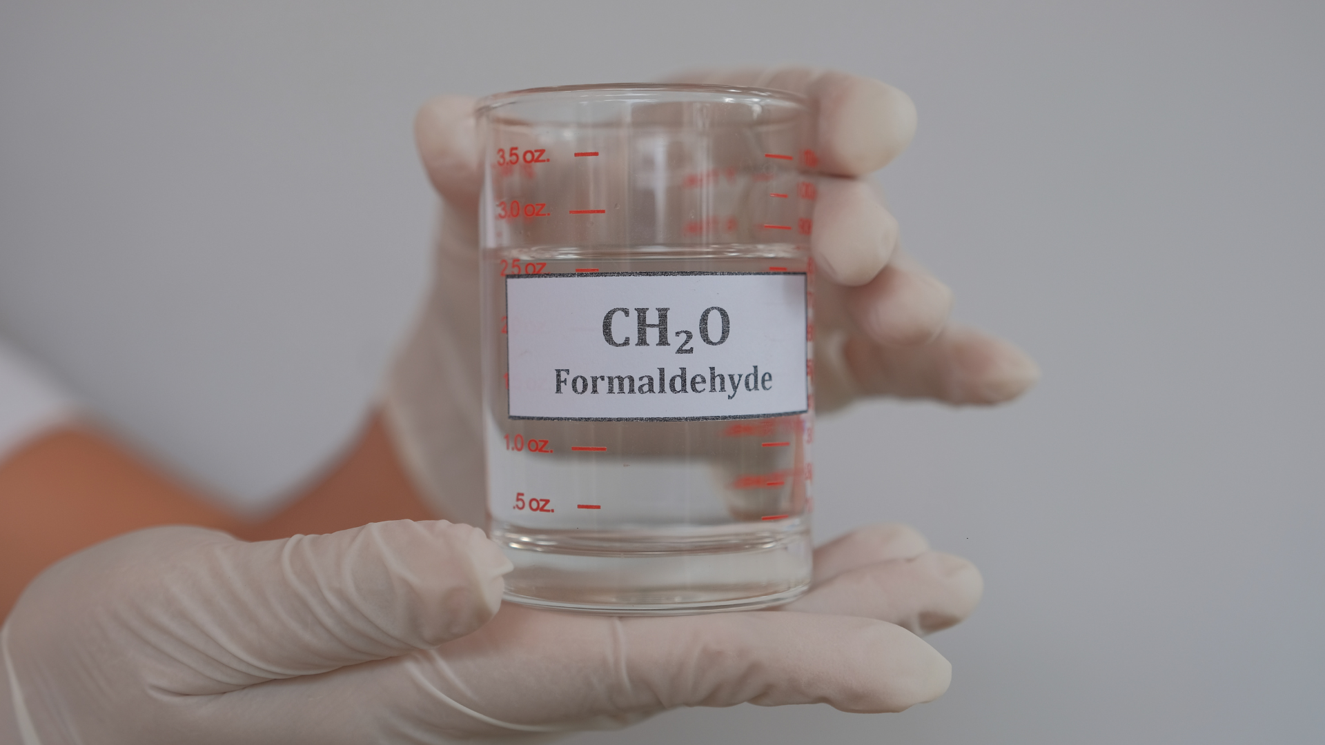 a beaker labeled and filled with formaldehyde