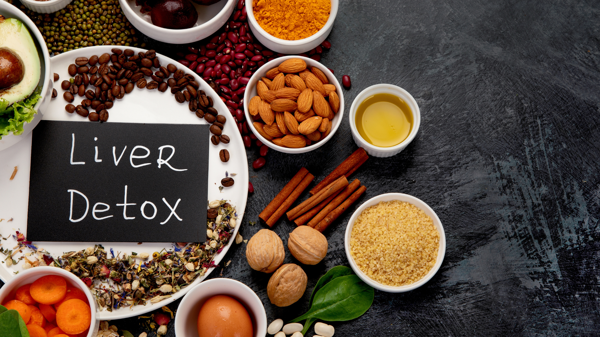 A plate of food with a sign that says liver detox on it.