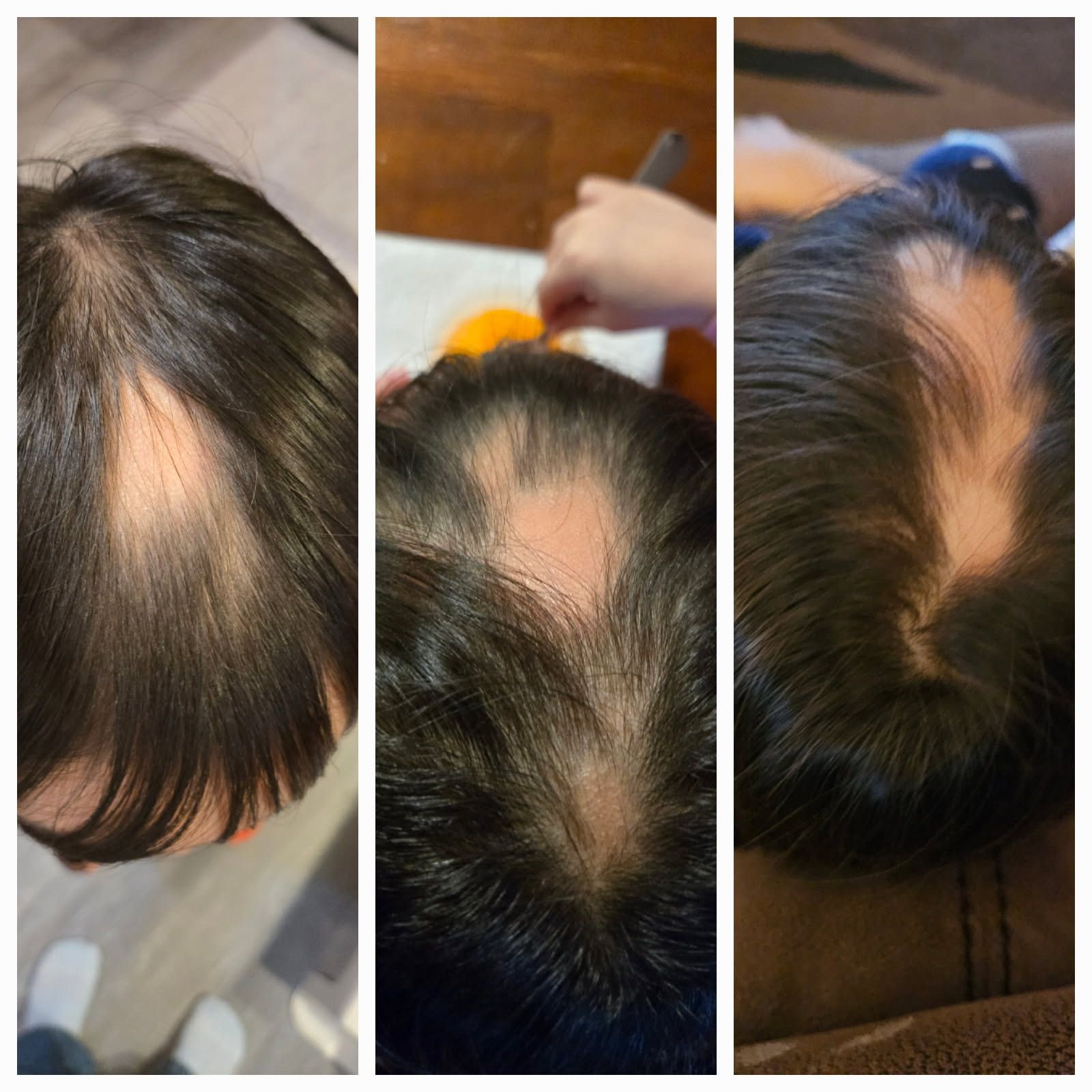 A close up of a child 's hair with a pink shirt on.