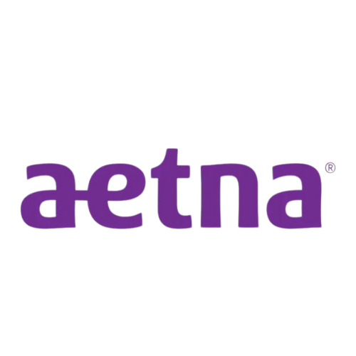 The aetna logo is purple and white on a white background.