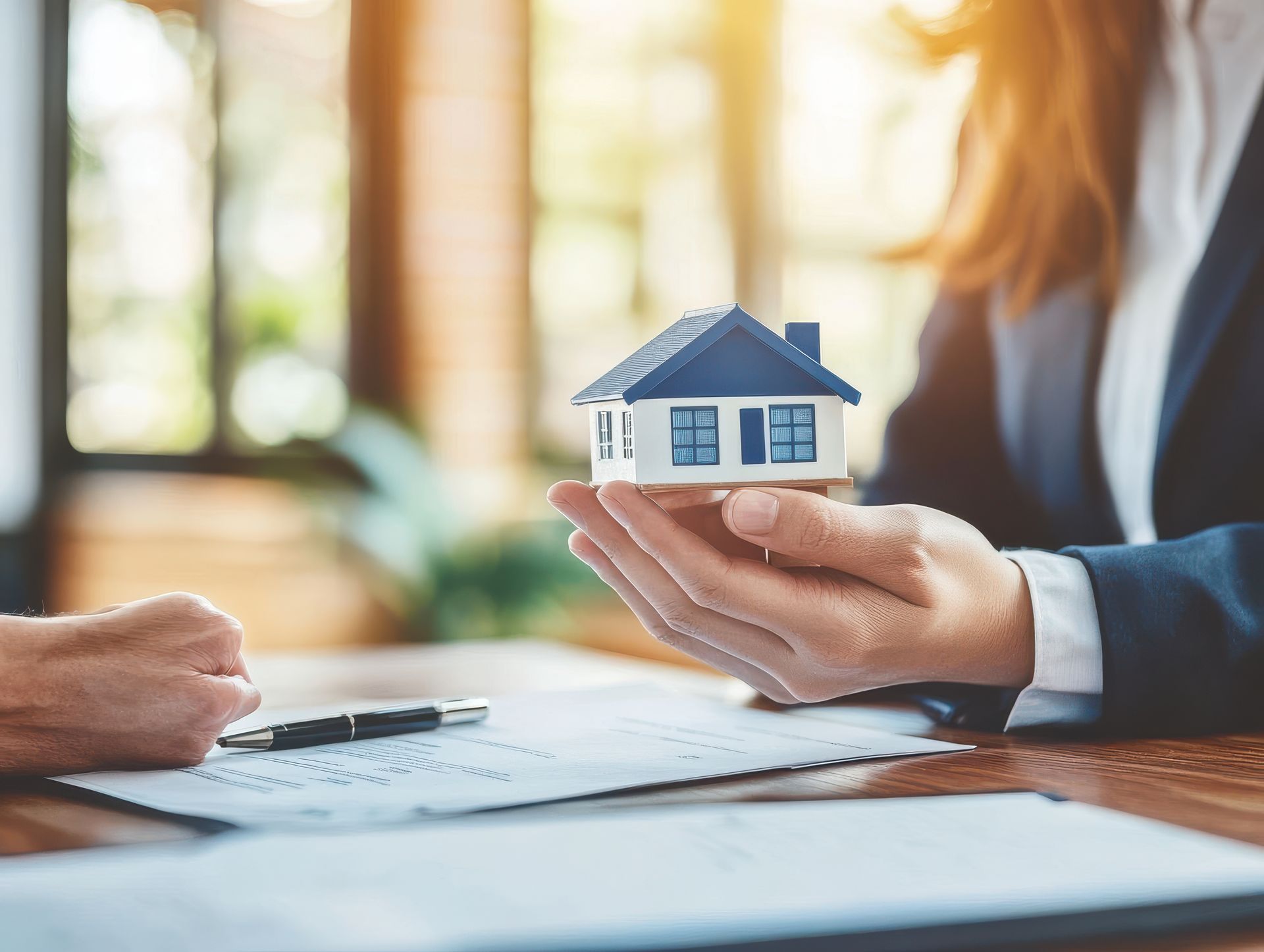 A woman is holding a small model house in her hands.