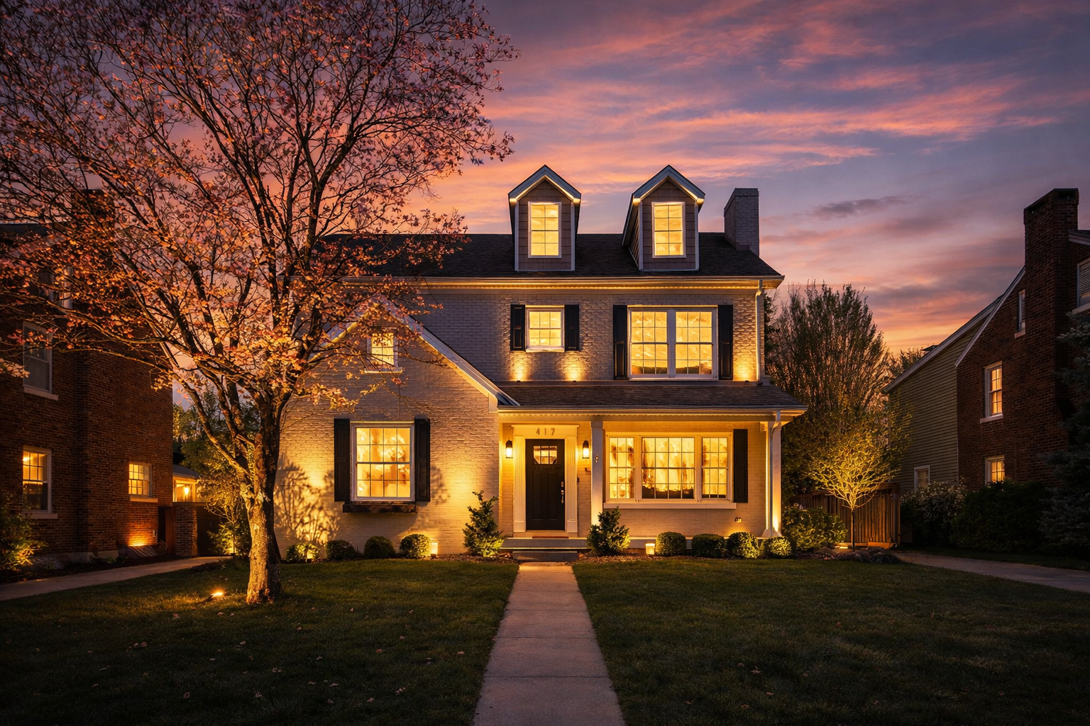 A two-story house with illuminated windows and landscape lighting at dusk, set against a colorful sunset sky.