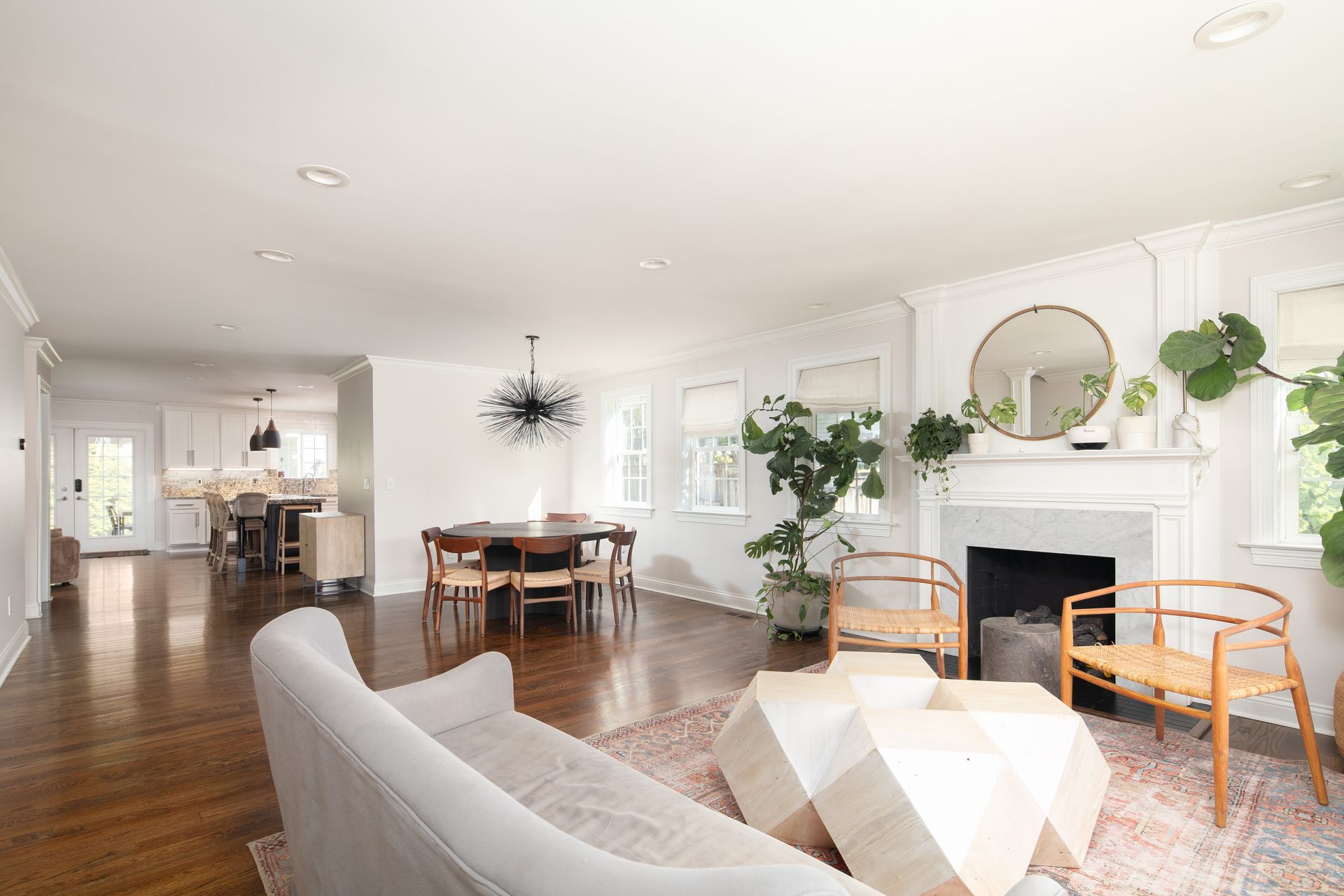 A bright open-concept living and dining room with a fireplace, light wood furniture, and a large plant.