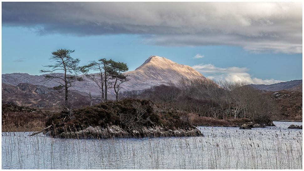 A small, tree-covered island sits in a calm lake before a sunlit, snow-dusted mountain under a cloudy, blue sky.