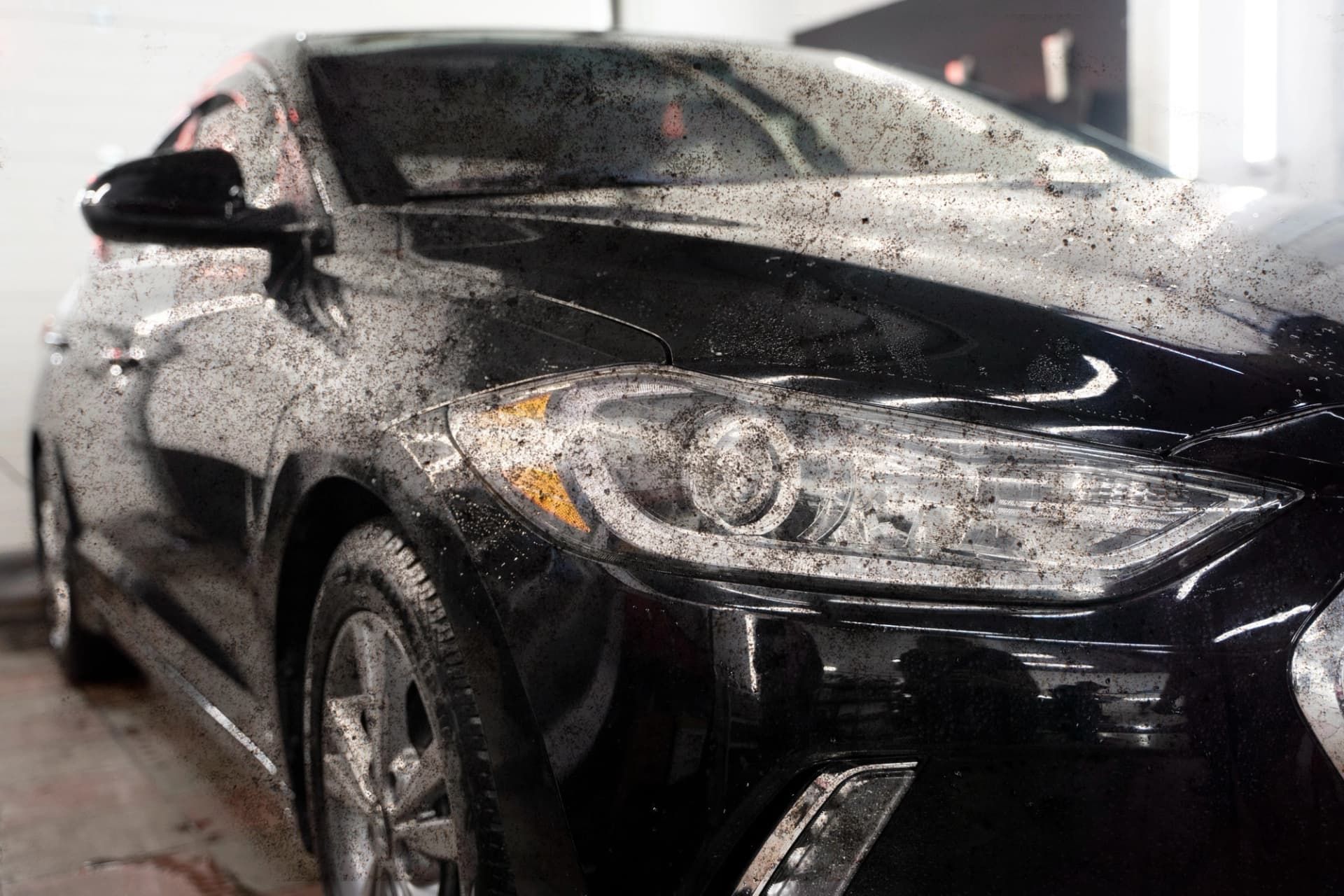 A black car covered in dirt parked in a brightly lit indoor space.