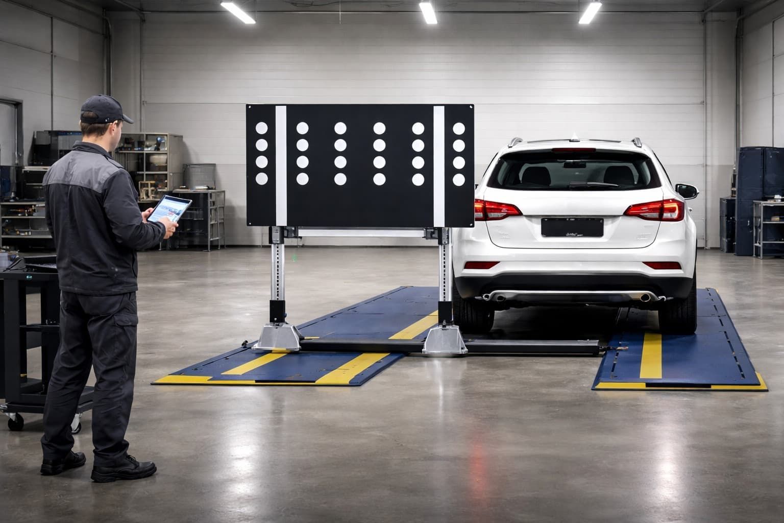A technician uses a tablet to calibrate the sensors on a white SUV parked in an automotive repair facility.