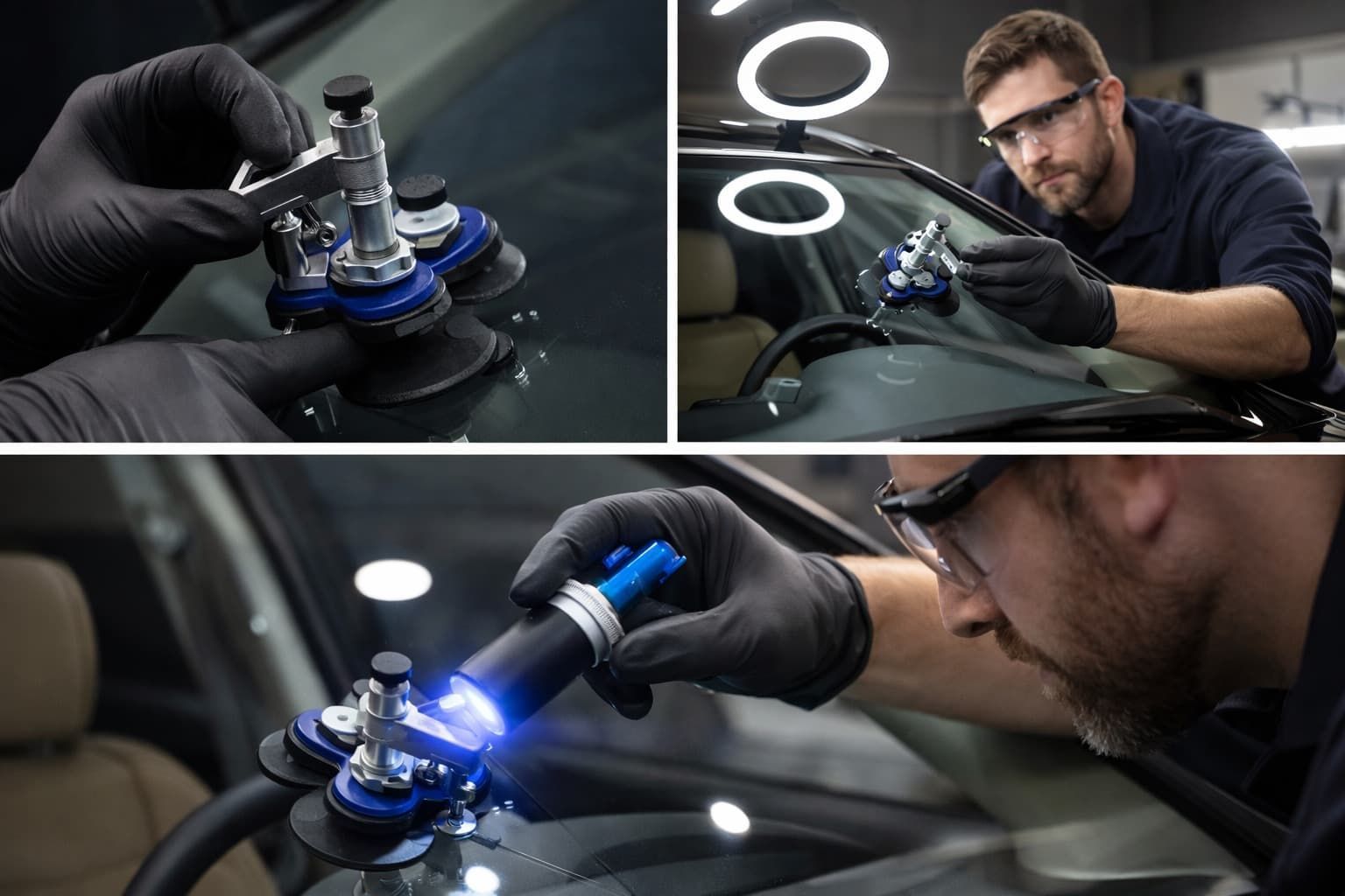 A technician uses a specialized suction tool to repair a crack in a car windshield, then applies a UV light to cure it.