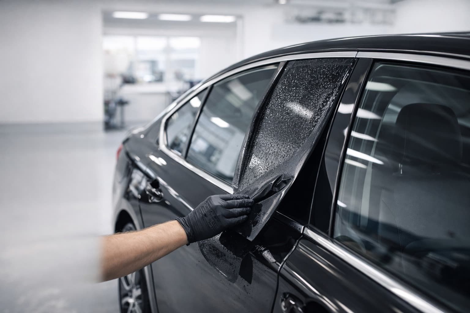 A gloved hand applies a black, textured vinyl wrap to the pillar between the windows of a dark car in a garage.