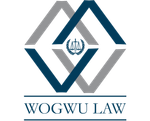 WOGWU LAW logo with interlocking gray and blue geometric shapes and a small justice emblem