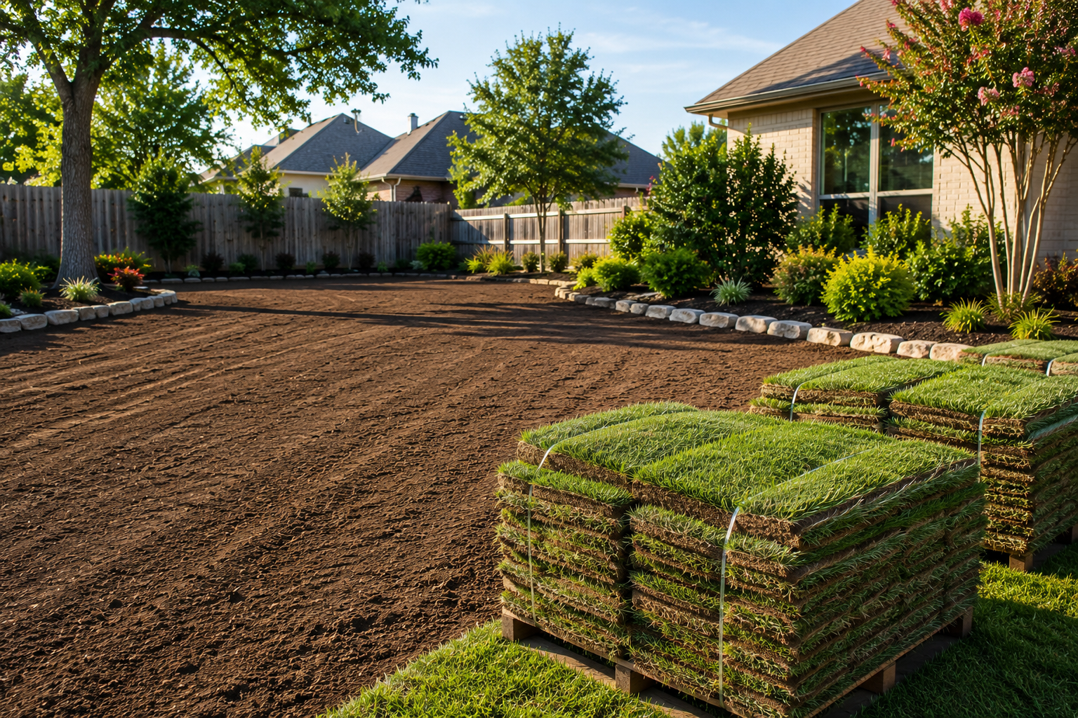 Prepared Fort Bend County yard with smooth soil ready for spring sod delivery.