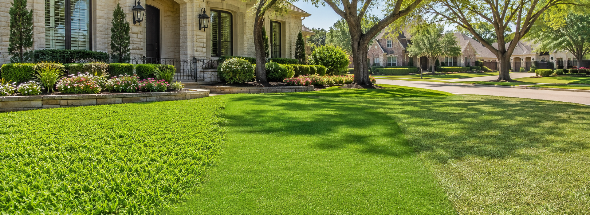 Sunny suburban front yard with lush green lawn, mature trees, and a house with a covered porch