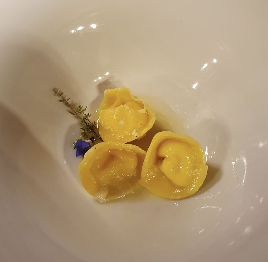 Tre tortellini gialli serviti in una ciotola bianca con un rametto di erbe aromatiche e un piccolo fiore blu.