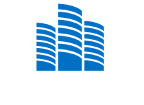 Icona di edifici stilizzati blu su sfondo bianco.