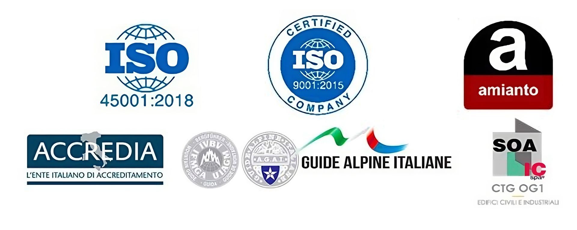 Loghi per la certificazione ISO 45001:2018, Accredia, Guide Alpine Italiane e amianto.