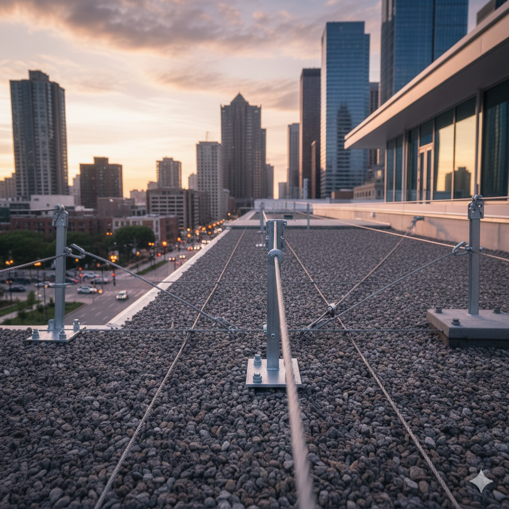 Tetto con cavi di sicurezza che si affaccia sul paesaggio urbano al tramonto. Il tetto è ricoperto di ghiaia grigia.