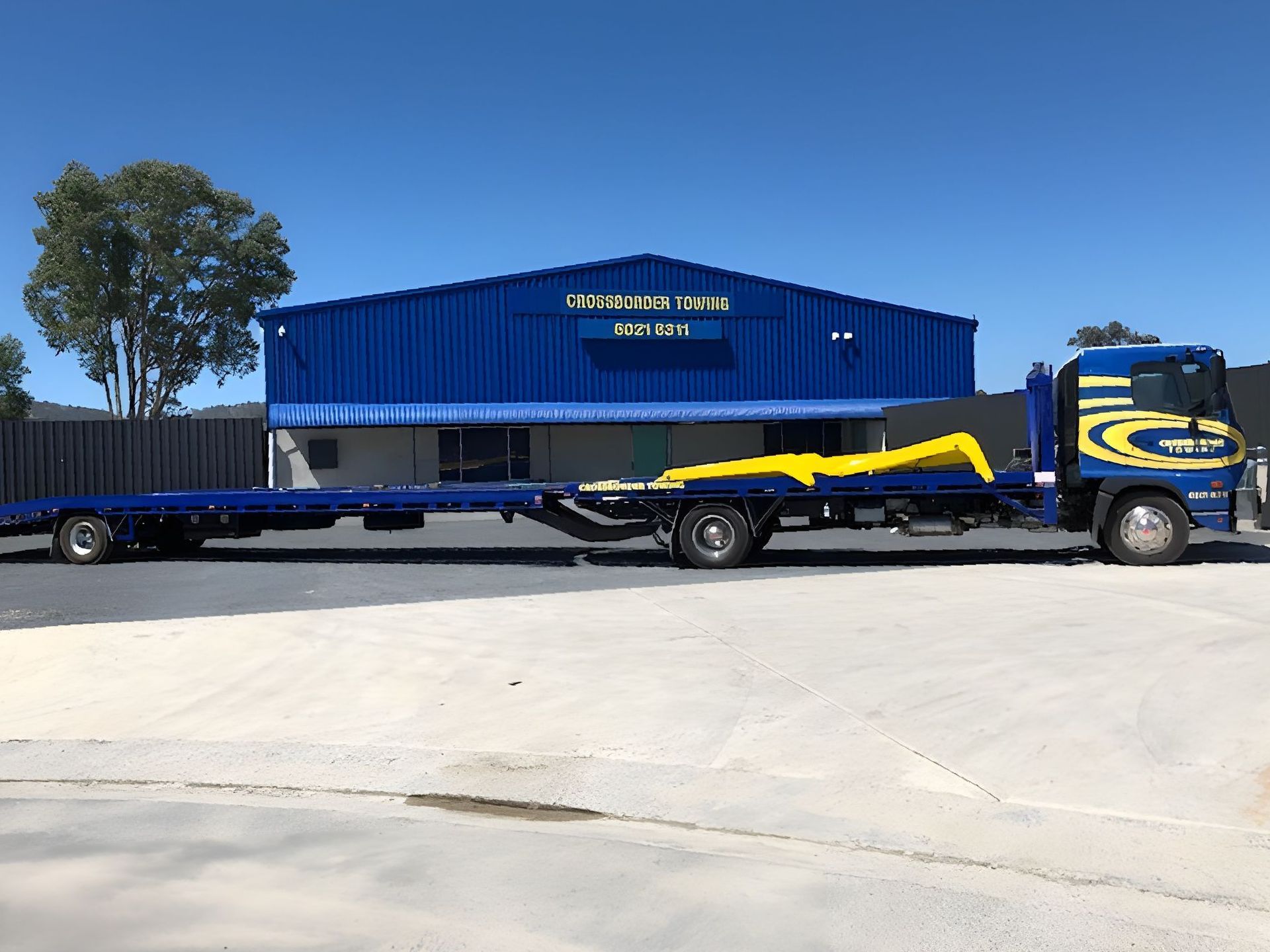 A Blue and Yellow Tow Truck is Parked in Front of a Building — Crossborder Towing in Albury, NSW
