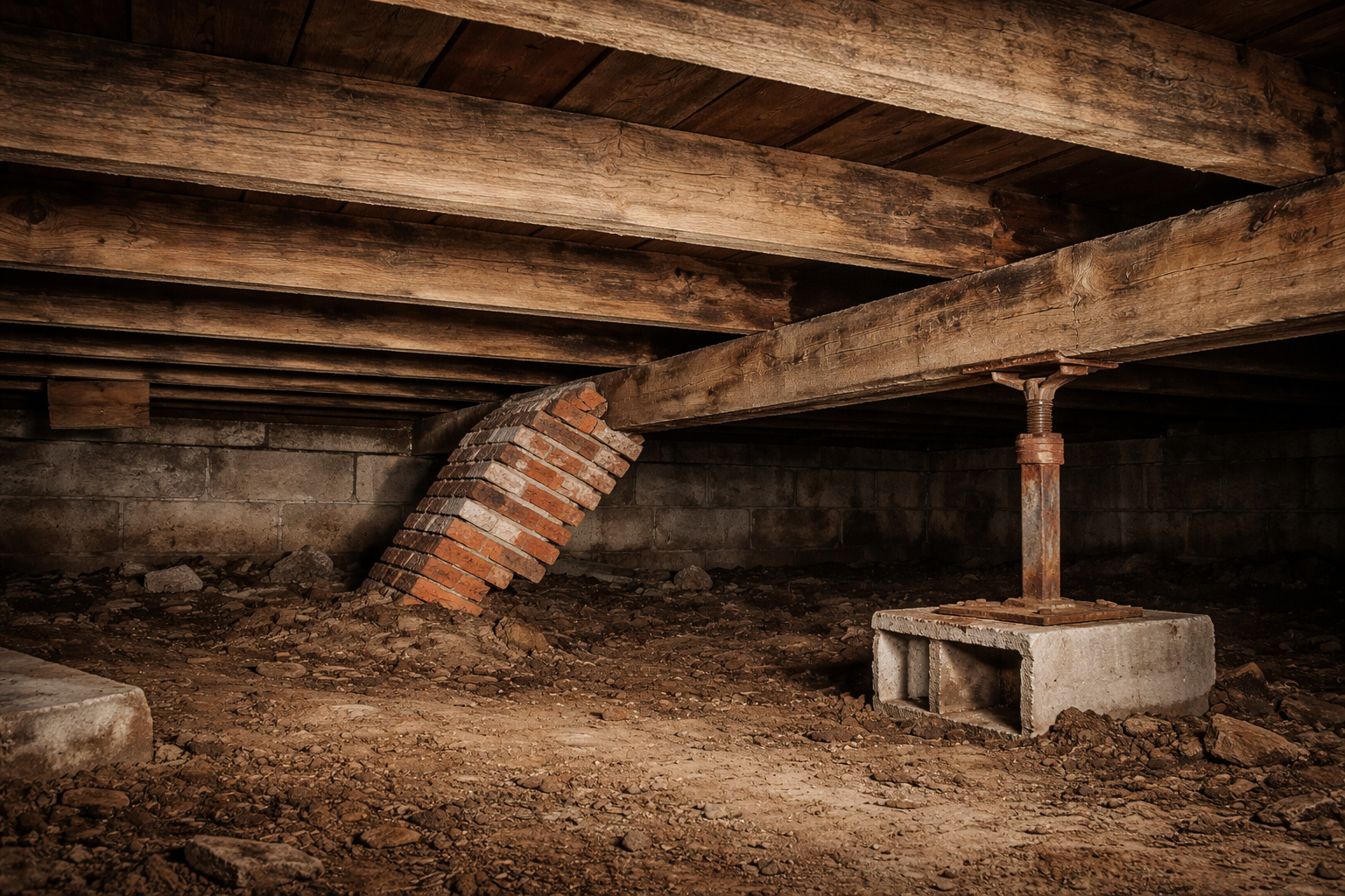 Damaged crawlspace with sagging wooden floor joists, leaning brick support column, and rusted metal jack post showing structural foundation problems beneath a house
