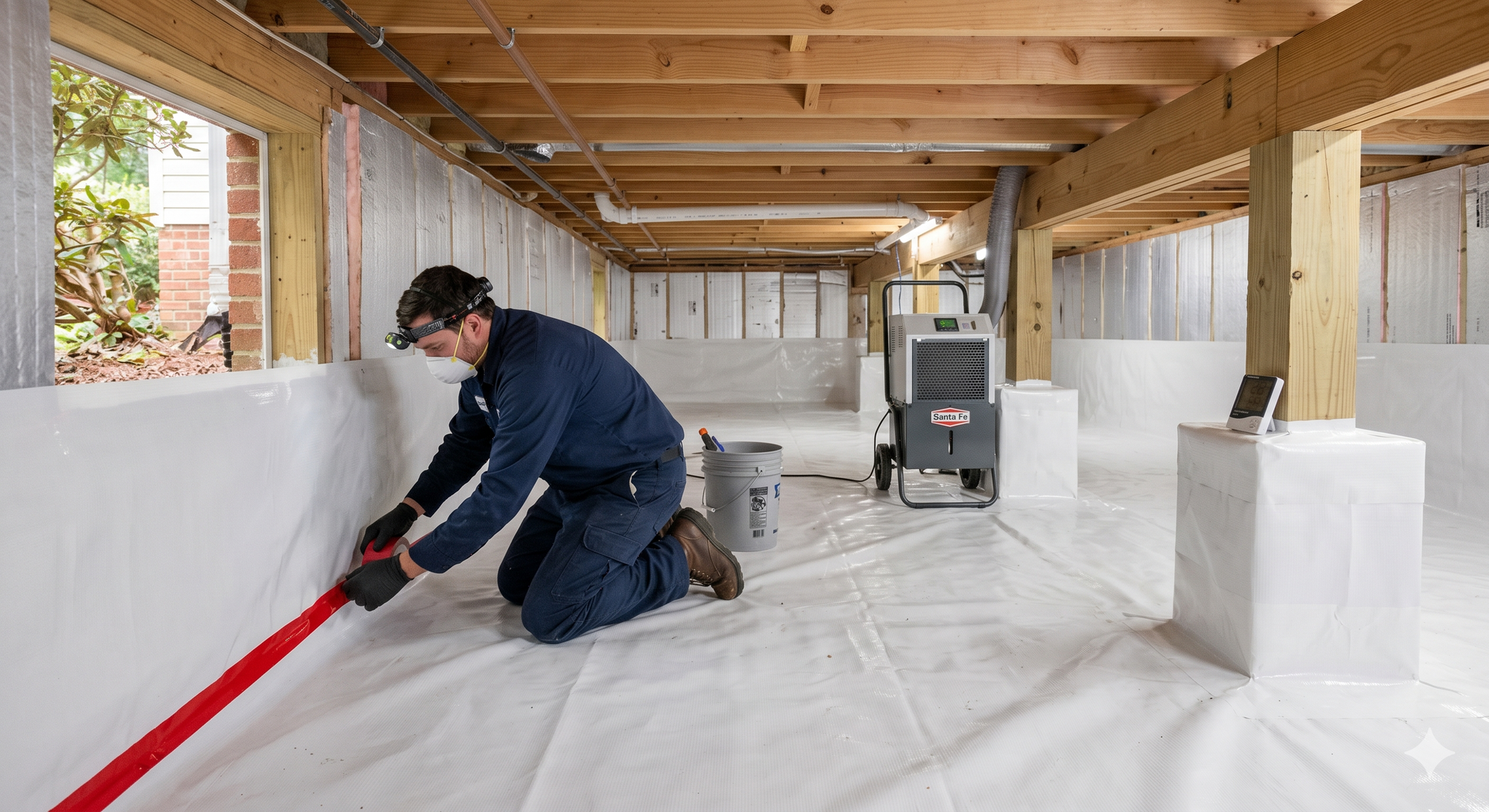 Crawl space encapsulation with vapor barrier and dehumidifier in Virginia Beach home