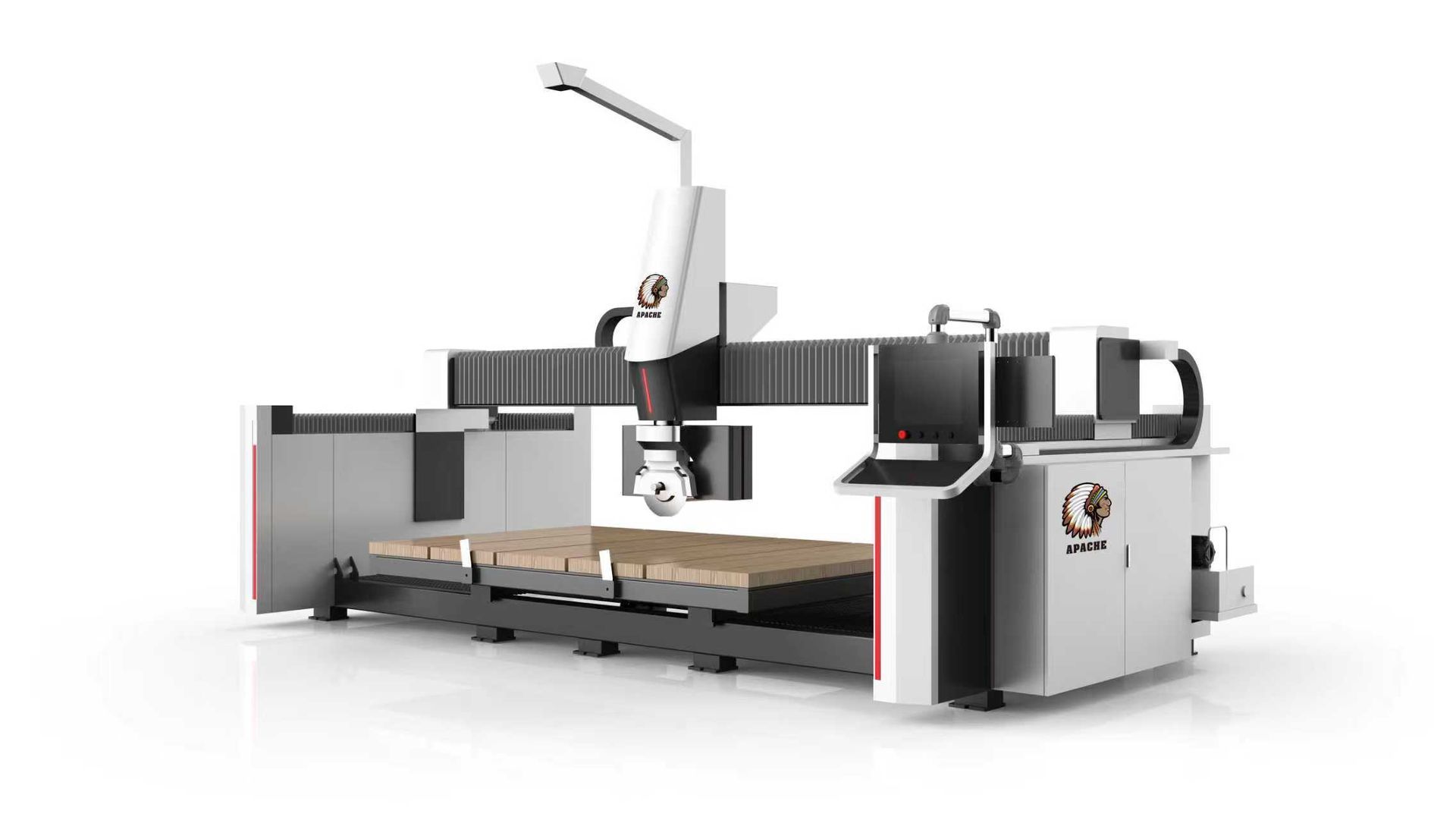 CNC machine, gray and white, cutting wood. Gantry-style with arm extending above workspace.