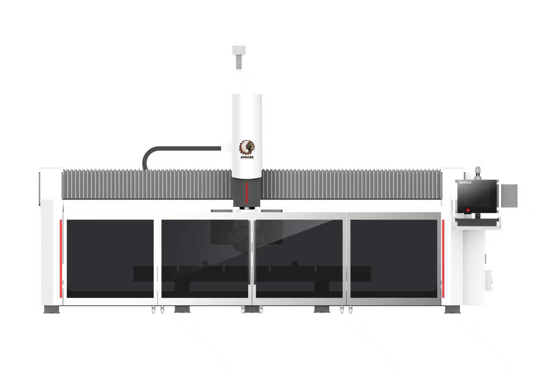 Laser cutting machine, white and gray with glass panels, cuts materials in an industrial setting.