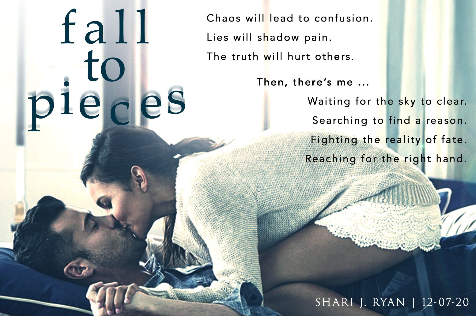 A poster of a man and woman kissing with the words fall to pieces