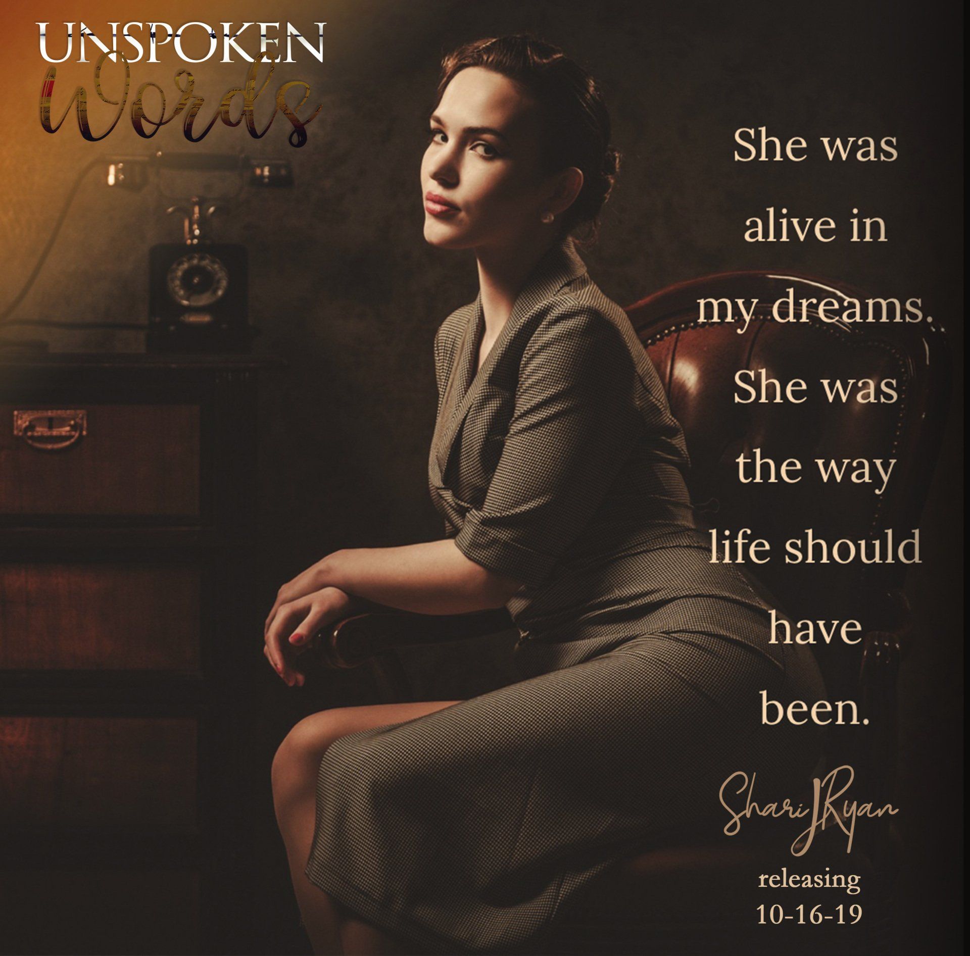 A woman is sitting in a chair with a quote that says she was alive in my dreams