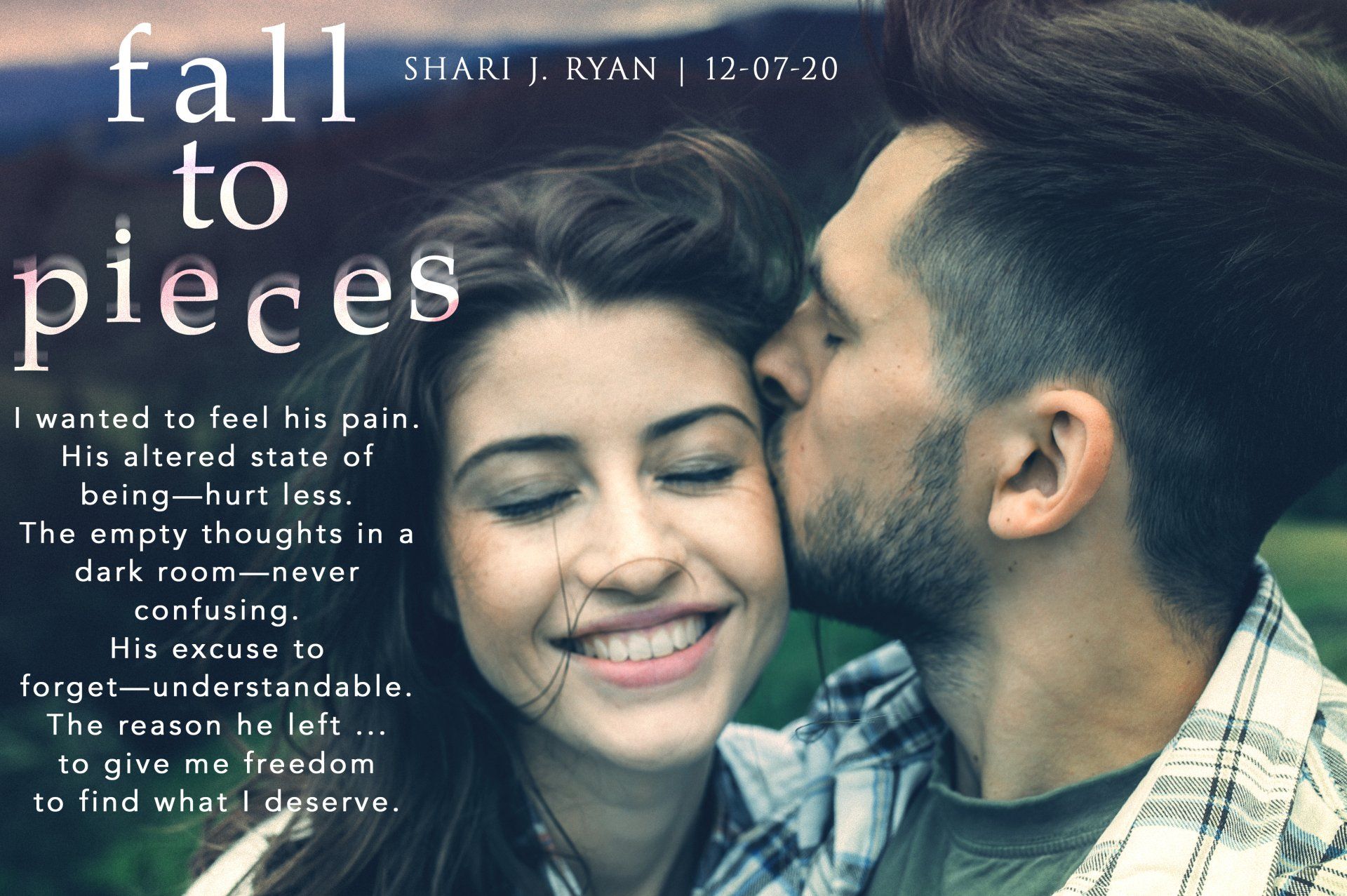 A man kissing a woman on the cheek with the words fall to pieces above them