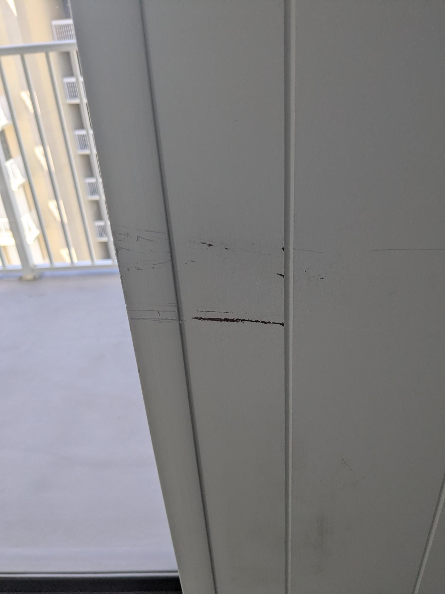 White door frame with dark scratches, near a balcony railing.