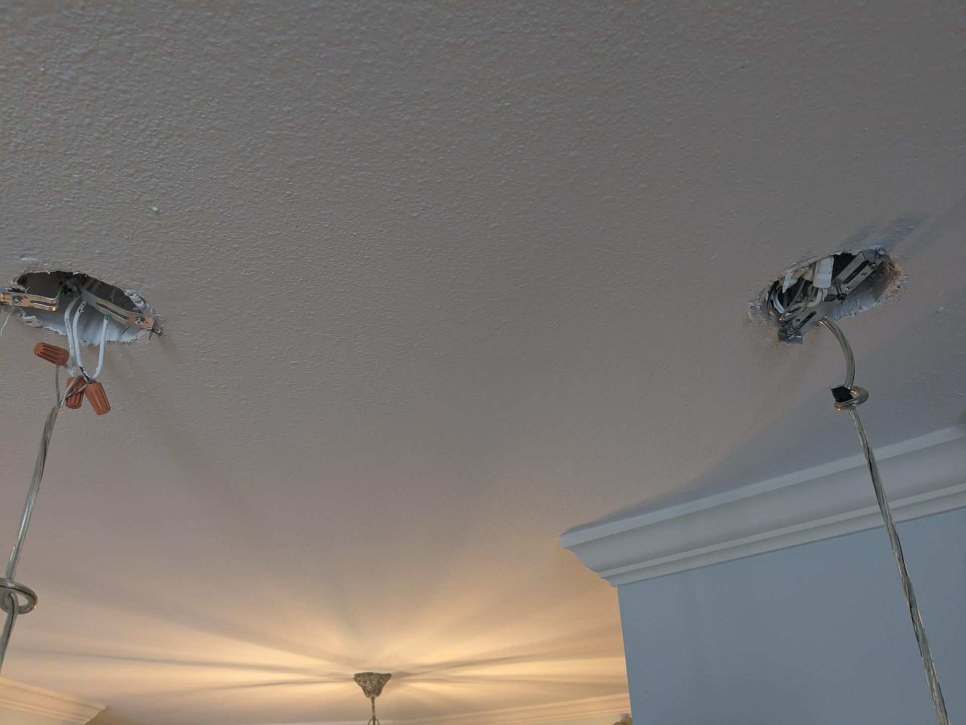 Two exposed ceiling electrical boxes with wires hanging down.