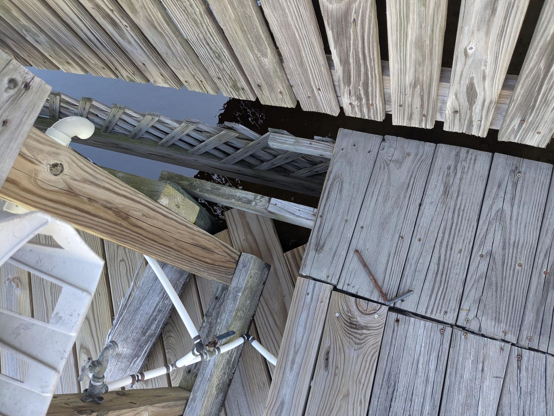 Wooden dock with water and white latticework visible through the gaps.